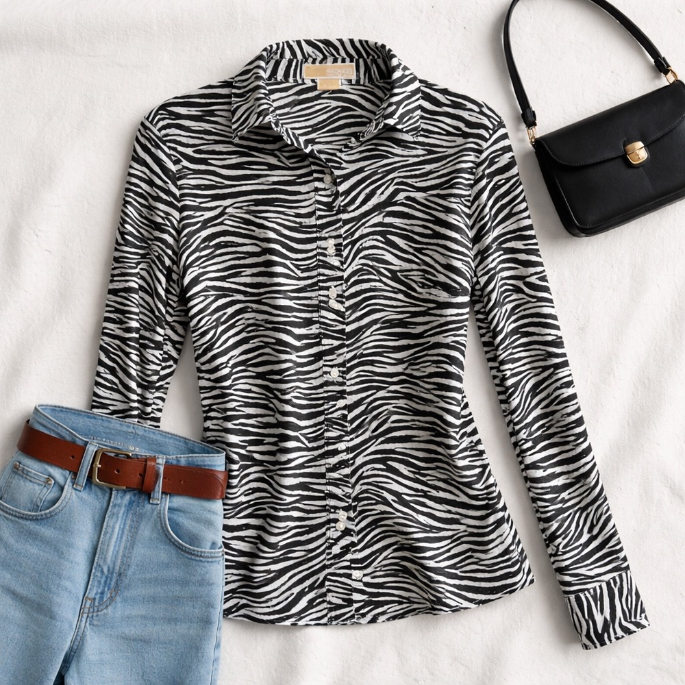 Michael Kors Zebra Print Button Down Shirt Size 4 Animal Print Fitted Cotton Top